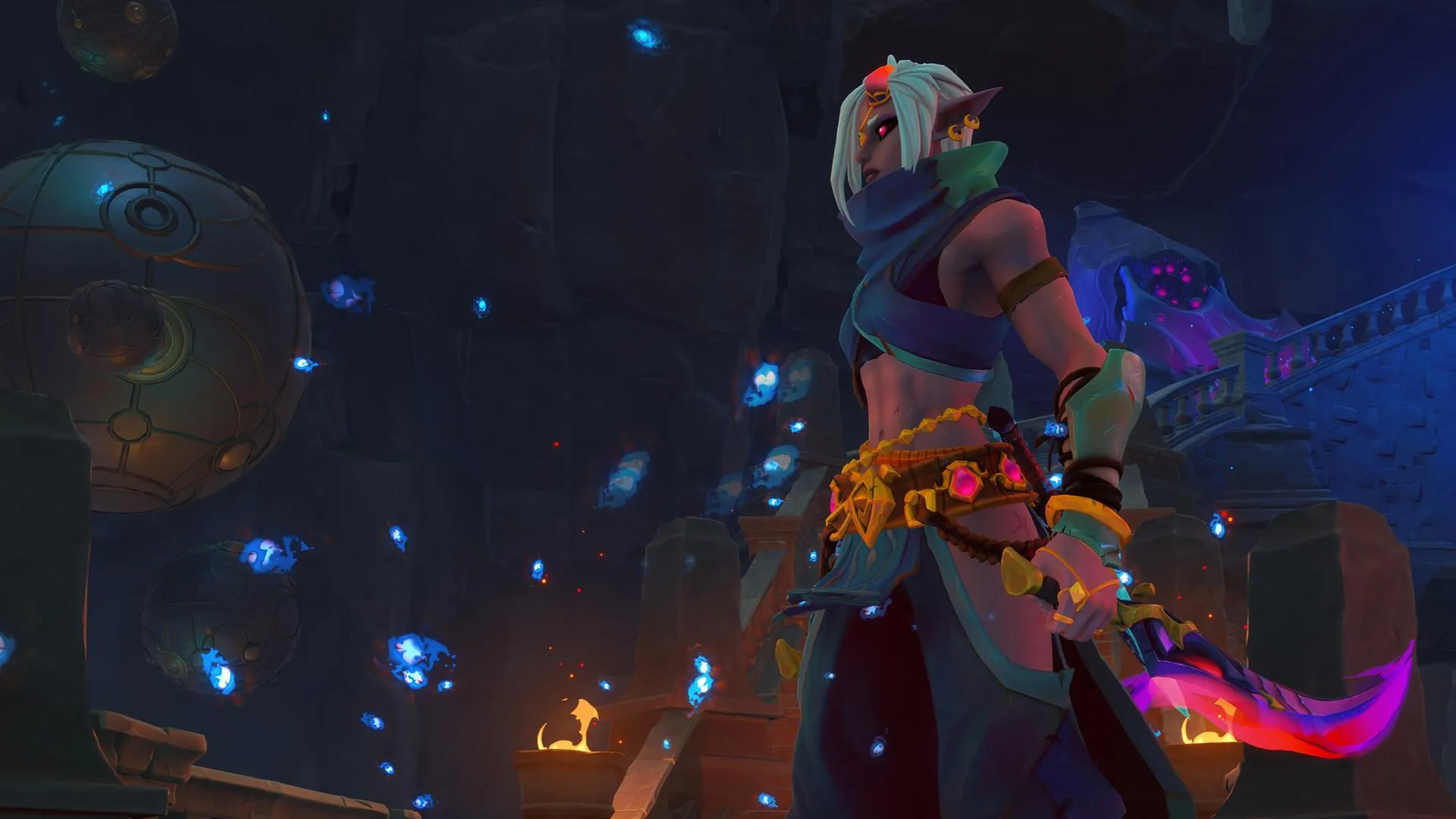Captura Wayfinder – Guerrera Enmascarada Con Dagas Brillantes Rodeada De Orbes Azules Flotantes