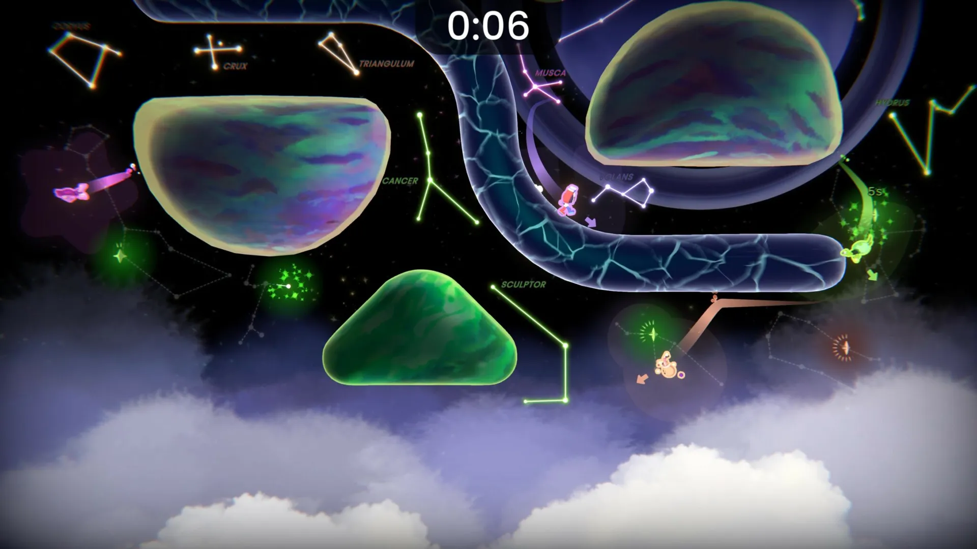 Captura Which Way Up Galaxy Games Escenario Galactico Con Plataformas Y Formas Flotantes Verdes Y Moradas