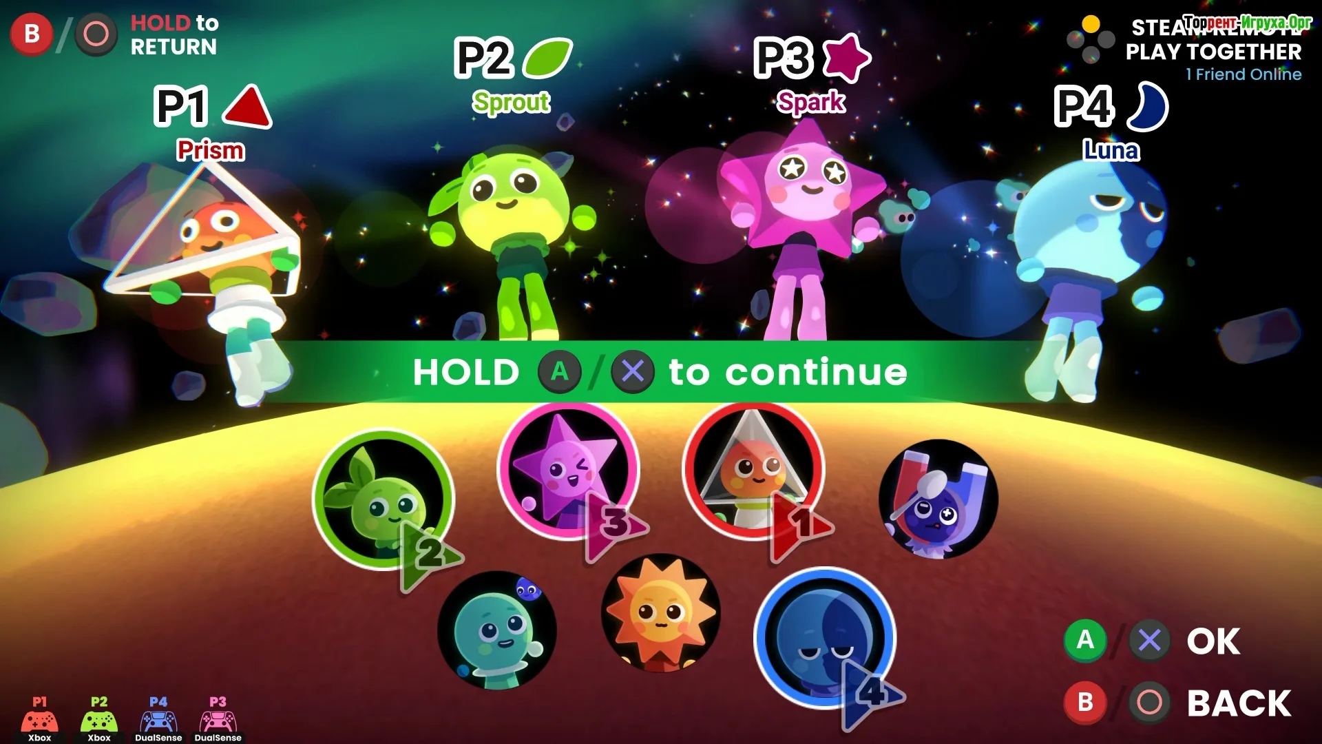 Captura Which Way Up Galaxy Games Seleccion De Personaje Con Cuatro Criaturas Alineadas Sobre Planeta Brillante