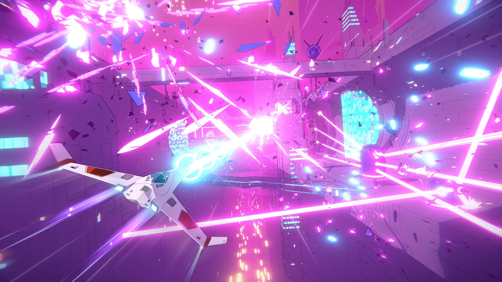 Captura Whisker Squadron Survivor La Nave Avanza Entre Estructuras Flotantes Y Rayos Laser Rosados