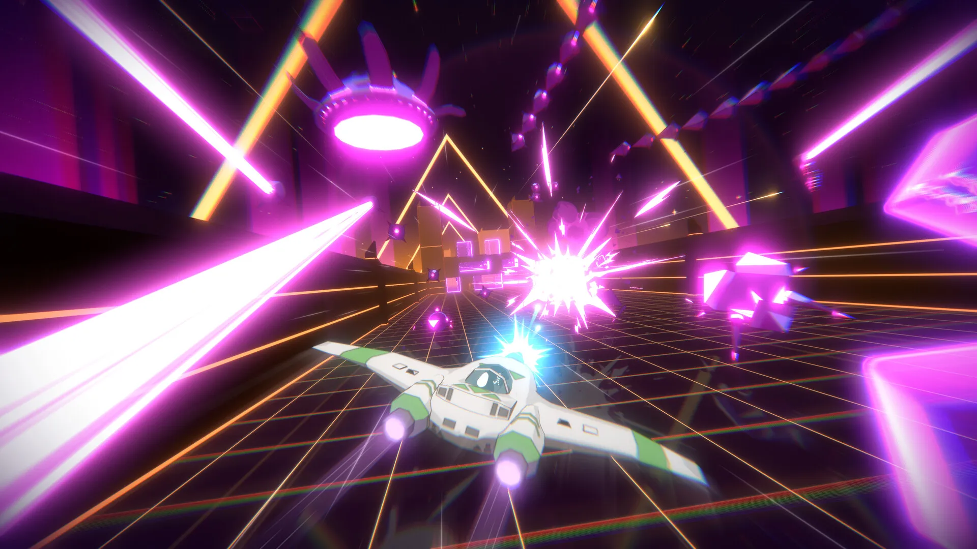 Captura Whisker Squadron Survivor Nave Espacial Maniobra En Un Tunel Neon Con Laseres Brillantes