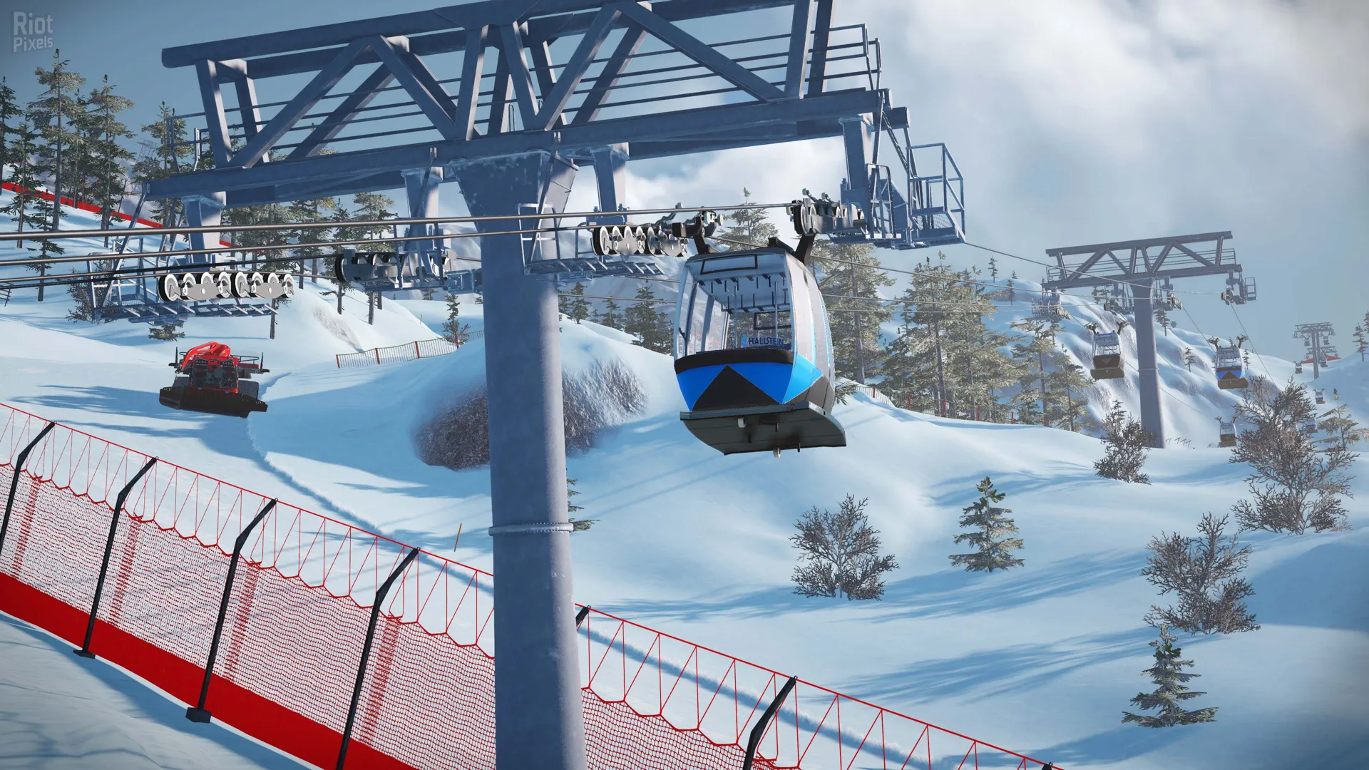 Captura Winter Resort Simulator Season 2 – Tramo De Telesilla Con Barandas Rojas Y Arboles Dispersos