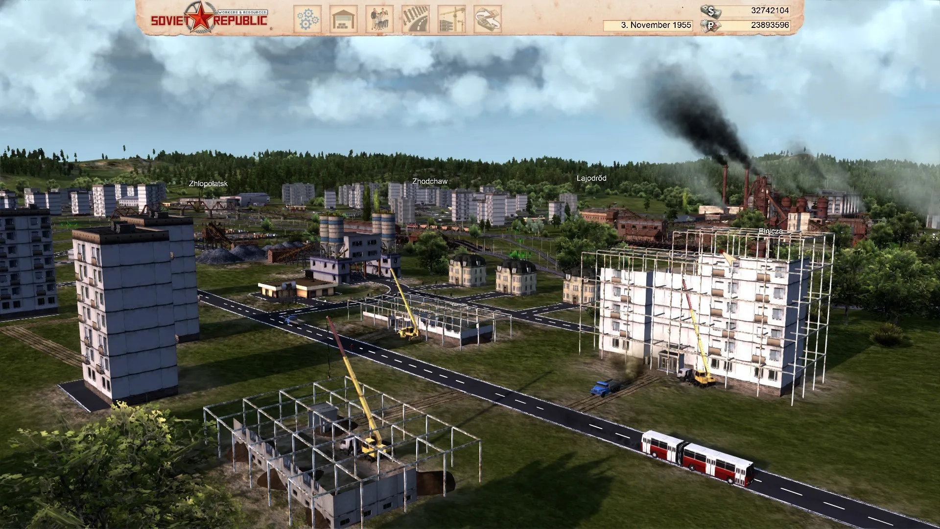 Captura Workers Resources Soviet Republic – Construccion En Proceso Con Gruas Y Estructuras Sovieticas