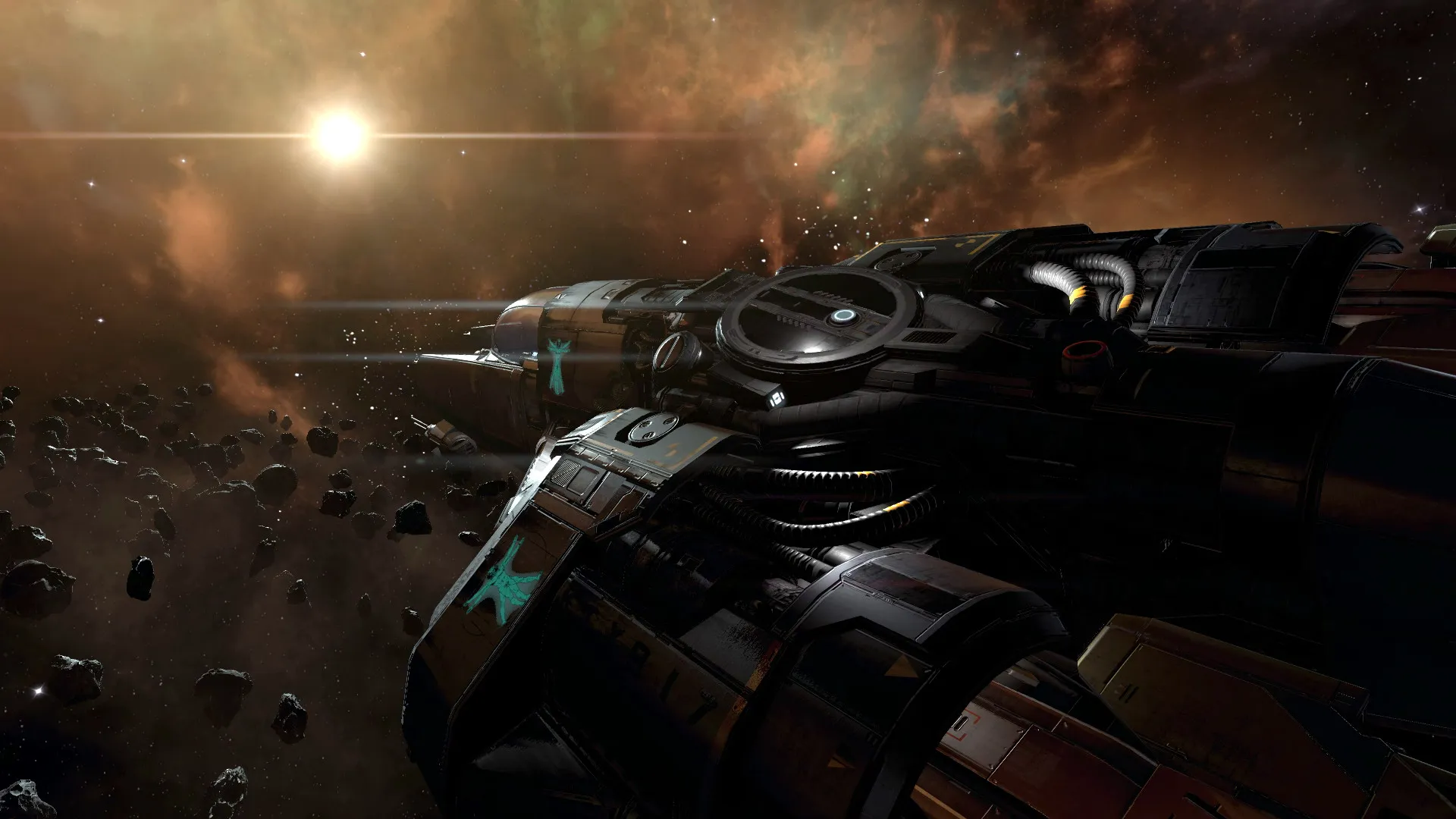 Captura X4 Foundations – Nave De Combate Sobre Fondo De Galaxia Iluminada En Tonos Calidos