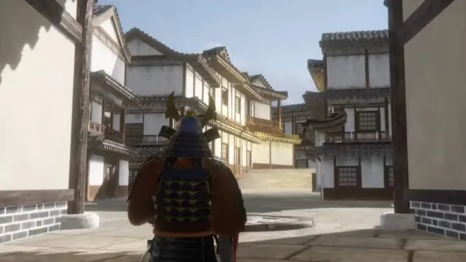 Captura Yasuke Simulator – Entrada A Una Ciudad Japonesa Con Arquitectura Tradicional Y Guerrero En Primer Plano