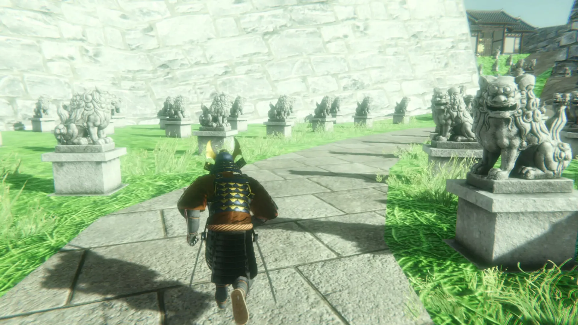 Captura Yasuke Simulator – Personaje Con Armadura Samurai Caminando Entre Estatuas De Piedra