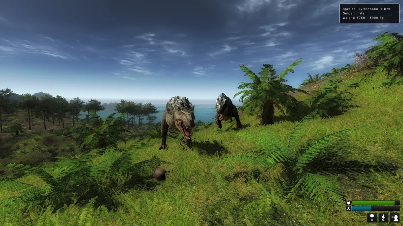 Captura TheHunter Primal – Dos Criaturas Caminando Por Colinas Abiertas Bajo Cielo Azul